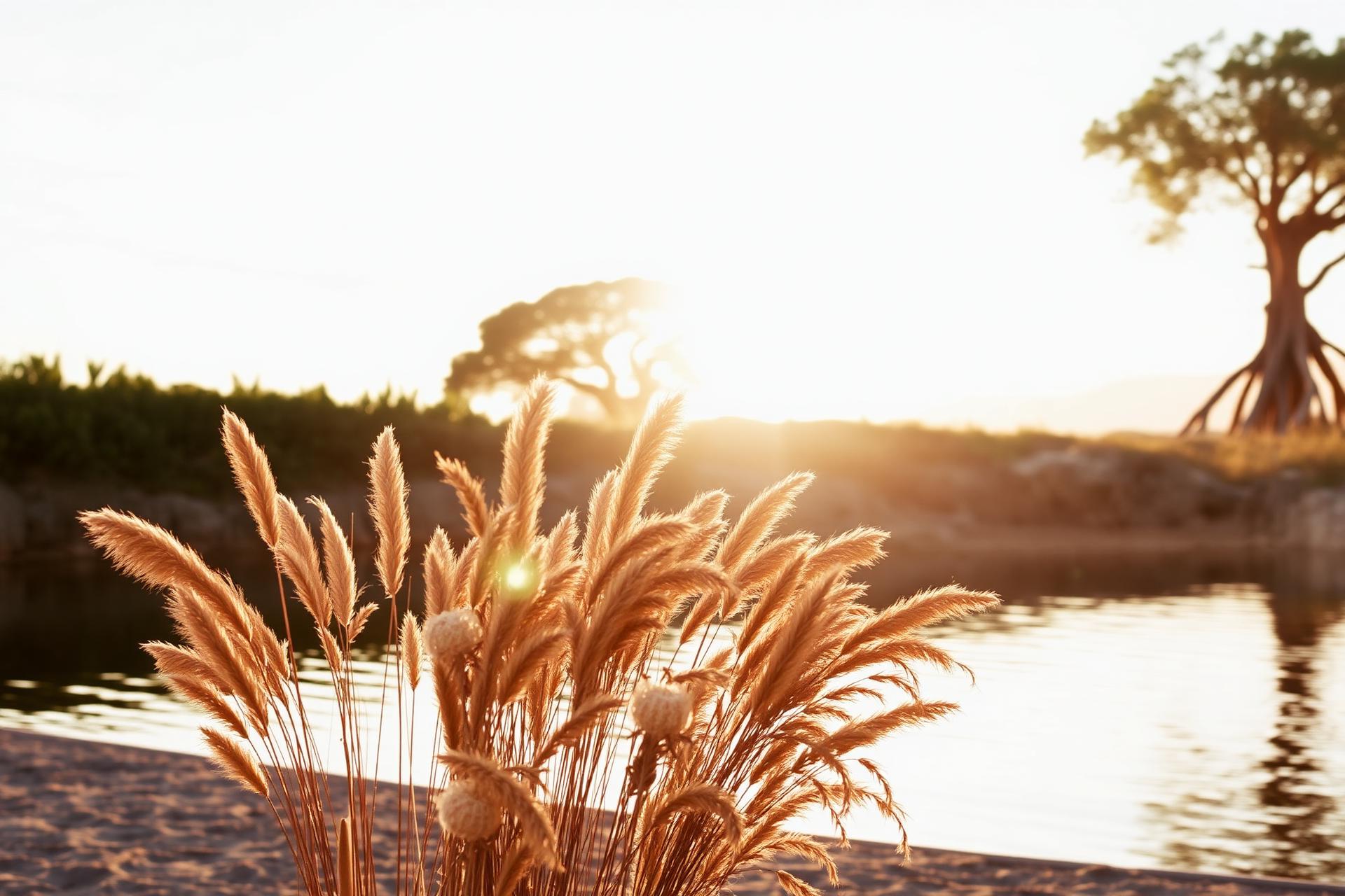 Lagoa da Conceição ao pôr do sol com flores secas